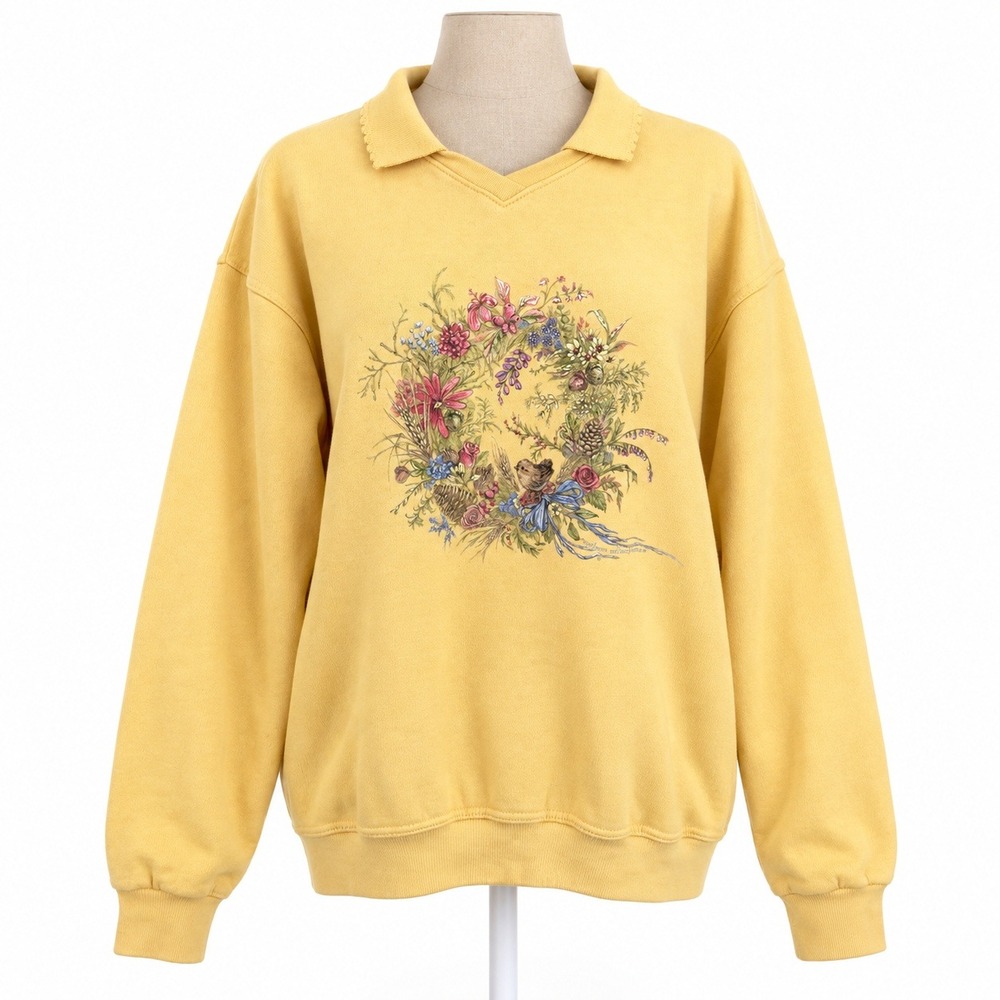 Vintage 90s Northern Reflections Bird Floral Collared Sweatshirt XL Cottagecore